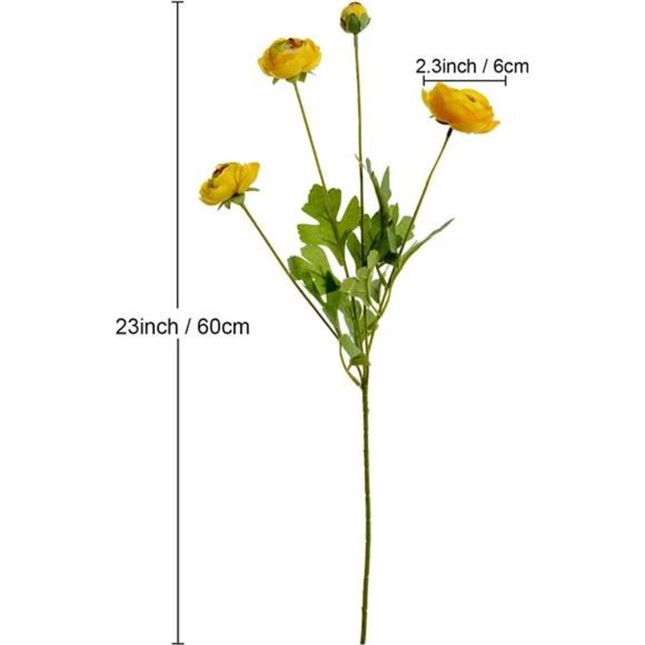 Artificial SilkFlowers Persian Buttercup HeavyColor RanunculusFlower 5Pcs,Yellow - Picture 5 of 6
